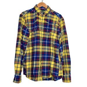 Ralph Lauren Polo Country Plaid Flannel Yellow Blue Shirt Mens Snaps Size Medium